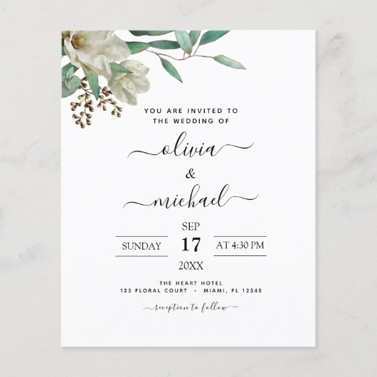 Budget Magnolia Eucalyptus Wedding Einladung (Vorderseite)