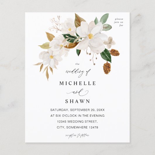 Budget Magnolia White Floral Wedding Flyer (Vorne)
