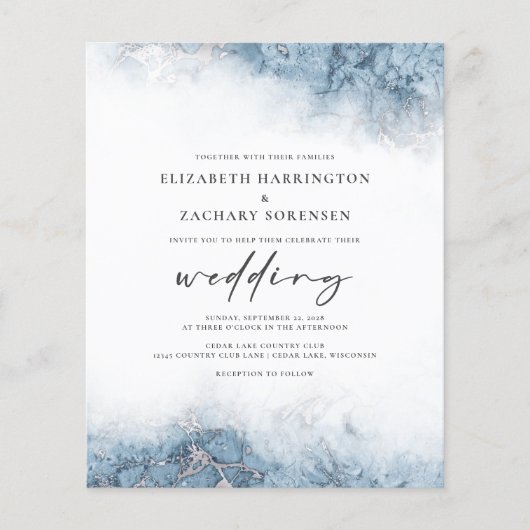 Budget Marble Blue Silver Wedding Einladung (Vorderseite)