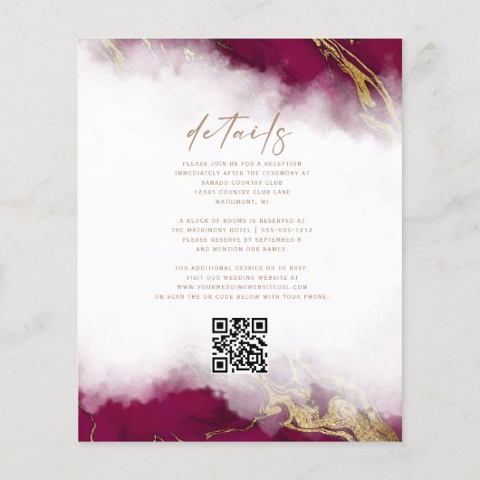 Budget Marmor Burgundy Gold QR Code Hochzeit Einla (Rückseite)