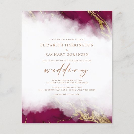 Budget Marmor Burgundy Gold QR Code Hochzeit Einla (Vorderseite)