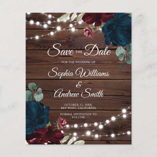 BUDGET Marsala & Navy Rustikales Holz Save the Dat (Vorderseite)