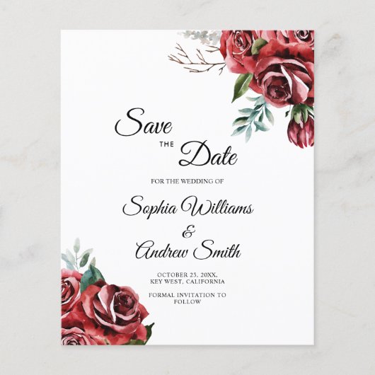 BUDGET Marsala Rote Rose Rustikal Save the Date (Vorderseite)