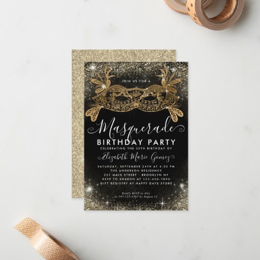 Budget Masquerade Black Gold Glam Glitzer Geburtst Mitteilungskarte (Vorderseite/Rückseite Beispiel)