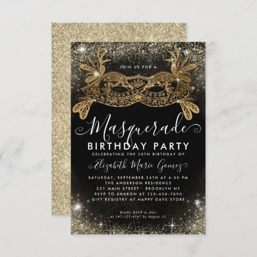 Budget Masquerade Black Gold Glam Glitzer Geburtst Mitteilungskarte (Vorne/Hinten)