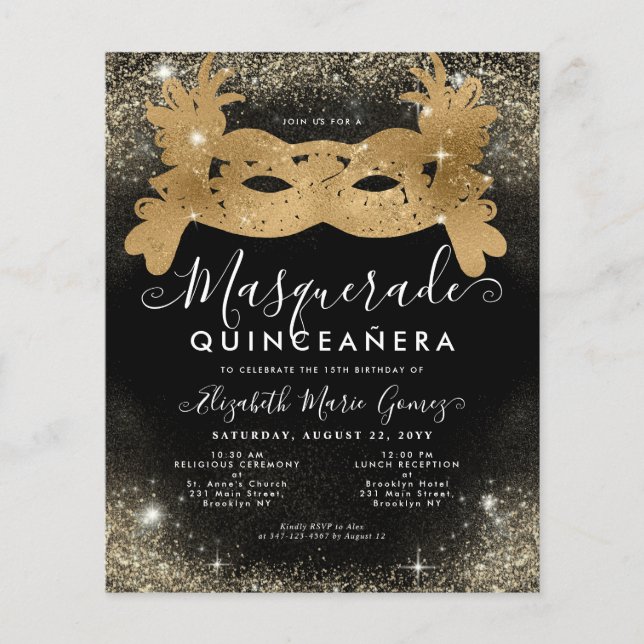 Budget Masquerade Black Gold Glitzer Quinceanera (Vorderseite)