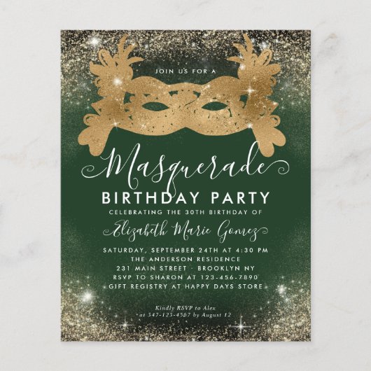 Budget Masquerade Green Gold Glam Glitzer Geburtst (Vorderseite)