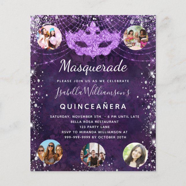 Budget Masquerade lila Quinceanera Einladung (Vorderseite)