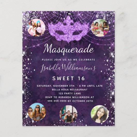 Budget Masquerade lila Sweet 16 Einladung (Vorderseite)