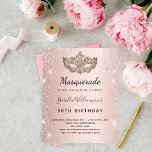 Budget Masquerade Party Rose Gold Glitzer<br><div class="desc">Für eine elegante Masquerade,  für einen 50. Geburtstag (oder jedes Alter). Eine gürtliche Rose Gold Imitate metallisch aussehen Hintergrund. Dekoriert mit Imitaten silbernen Glitzer Staub und eine Maskerade Maske. Personalisieren und fügen Sie Namen,  Alter und Party Details hinzu. Der Name wird mit einem handgeschriebenen Stilskript geschrieben</div>