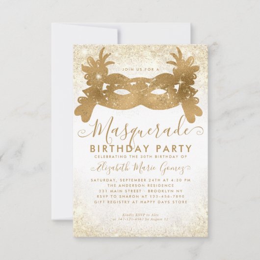 Budget Masquerade White Gold Glitzer Staub Geburts Mitteilungskarte (Vorderseite)