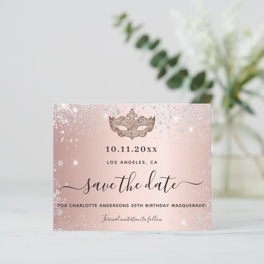 Budget Masqueron Party Rose Gold Save the Date (Stehend Vorderseite)
