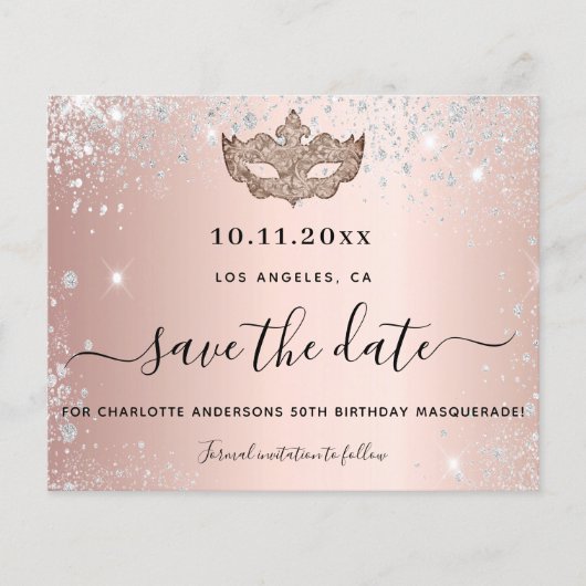 Budget Masqueron Party Rose Gold Save the Date (Vorderseite)