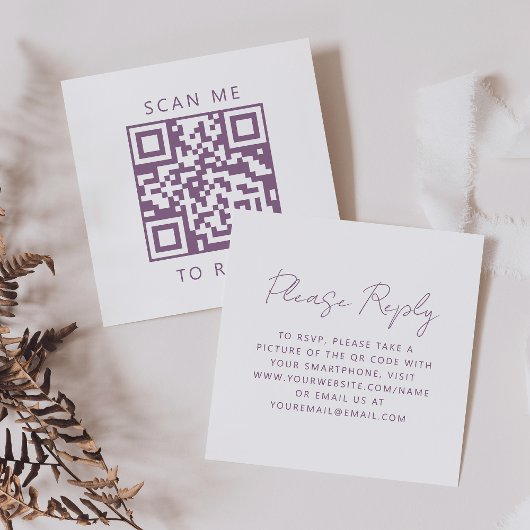 Budget Mauve Script Wedding QR Code RSVP Begleitkarte
