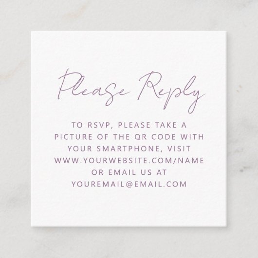 Budget Mauve Script Wedding QR Code RSVP Begleitkarte (Vorderseite)