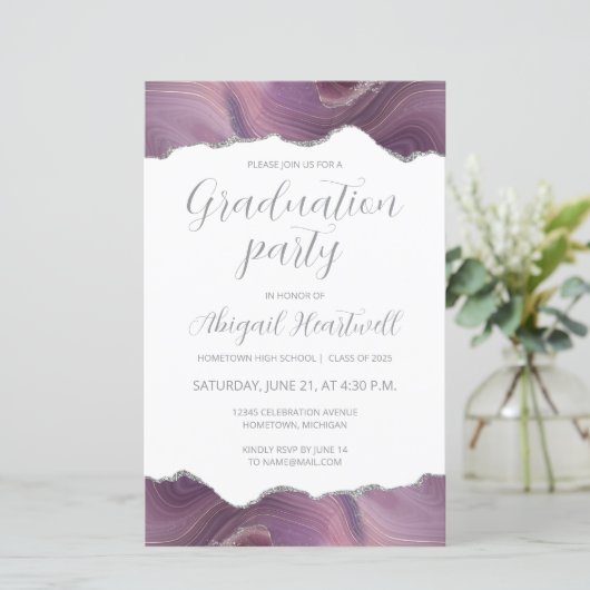 Budget Mauve Silver Agate Graduate Party Einladung (Stehend Vorderseite)