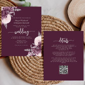 Budget Mauve Silver Floral QR Code Wedding Invite