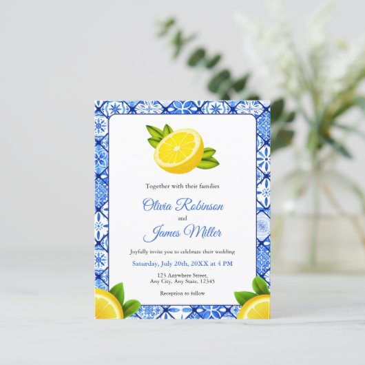 Budget Mediterrane Tile Lemon Hochzeit Einladung (Stehend Vorderseite)