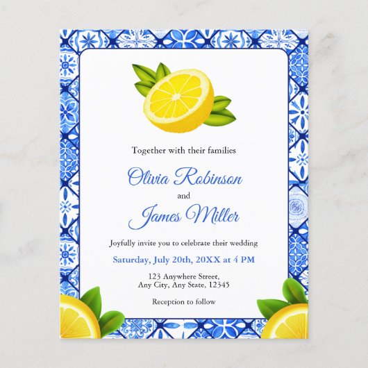 Budget Mediterrane Tile Lemon Hochzeit Einladung (Vorderseite)