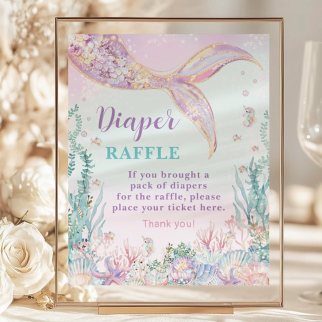 Budget Mermaid Baby Dusche Windel Raffle Schild (whimsical-ethereal-rainbow-under-the-sea-mermaid-tail-budget-cheap-diaper-raffle-sign-paper-sheet)