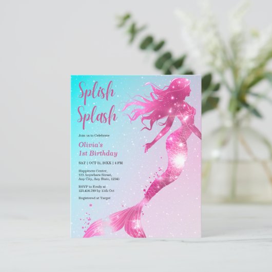 Budget Mermaid Girl 1. Geburtstag Einladung (Stehend Vorderseite)