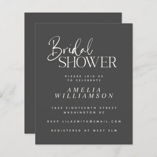 Budget Minimal Black Script Brautparty Einladung (Vorne/Hinten)