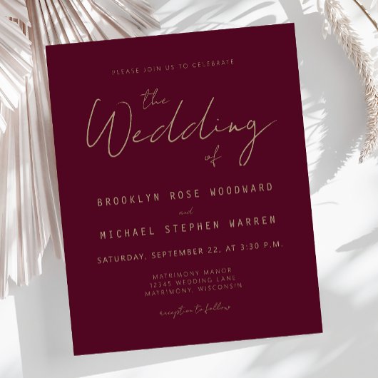 Budget Minimal Burgundy Gold Script Einladung