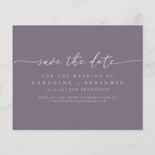 Budget Minimal dunkle Lila Schrift Save the Date (Vorderseite)