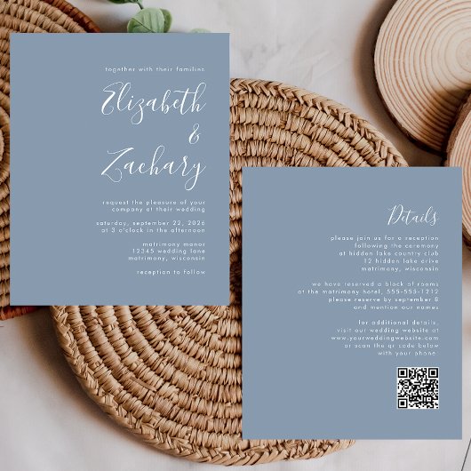 Budget Minimal Dusty Blue QR Code Hochzeit einlade