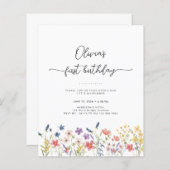Budget Minimal Floral First Birthday Invitation (Vorne/Hinten)