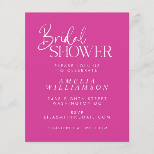 Budget Minimal Fuchsia Script Brautparty Einladung (Vorderseite)