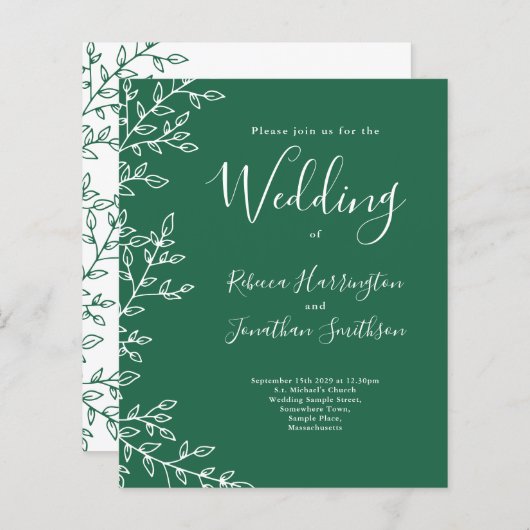 Budget Minimal Leaf Grüne Hochzeit Einladung (Vorne/Hinten)