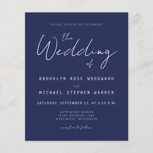 Budget Minimal Navy Blue Script Einladung (Vorderseite)