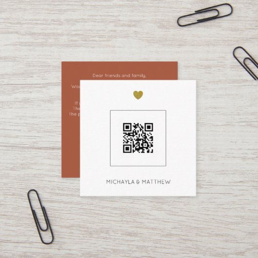 Budget Minimal QR Code Terracotta Wedding Einladun Quadratische Visitenkarte (Vorderseite/Rückseite Beispiel)