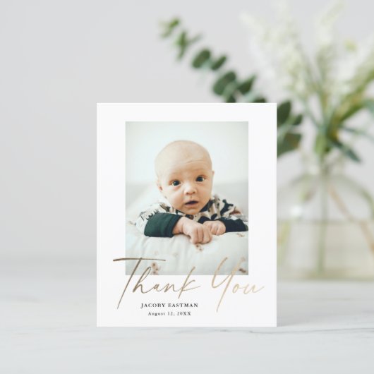 Budget Minimal Script Foto Baby Danke Karte (Stehend Vorderseite)