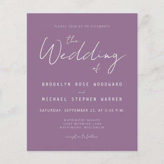 Budget Minimal Script Mauve Wedding Einladung (Vorderseite)