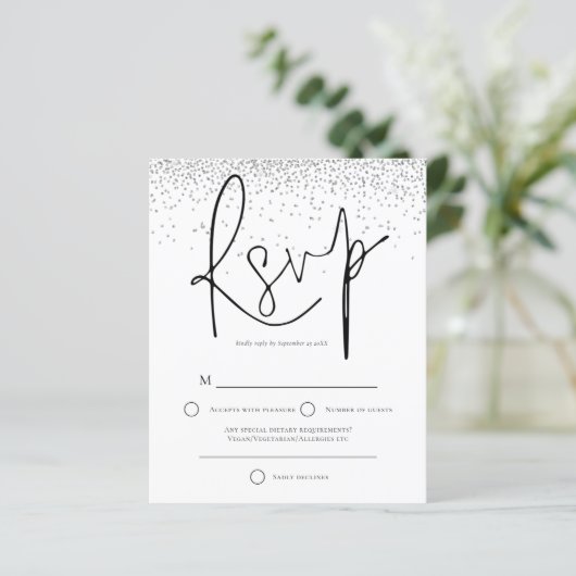 Budget Minimal Silver Glitzer Hochzeit RSVP (Stehend Vorderseite)