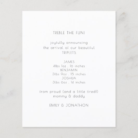 Budget Minimalistisch Triplet Foto Geburtsankündig (Rückseite)