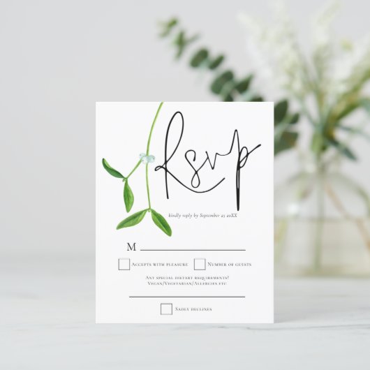 Budget Mistletoe Skript WeihnachtsWedding RSVP (Stehend Vorderseite)