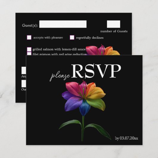 🌈 Budget mit Menü-RSVP Technicolor Love RSVP Karte (Vorne/Hinten)