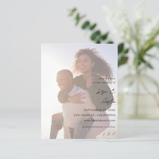 Budget MOD Calligraphy w Duo Foto Save the Date (Stehend Vorderseite)