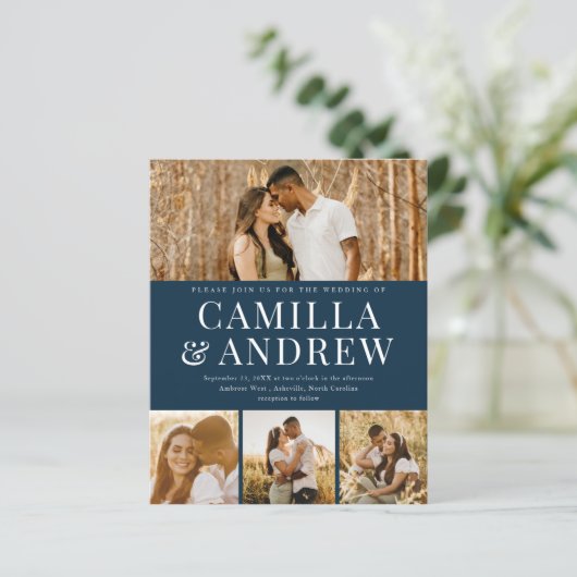 Budget Modern 4 Foto QR Code Hochzeit Einladung (Stehend Vorderseite)