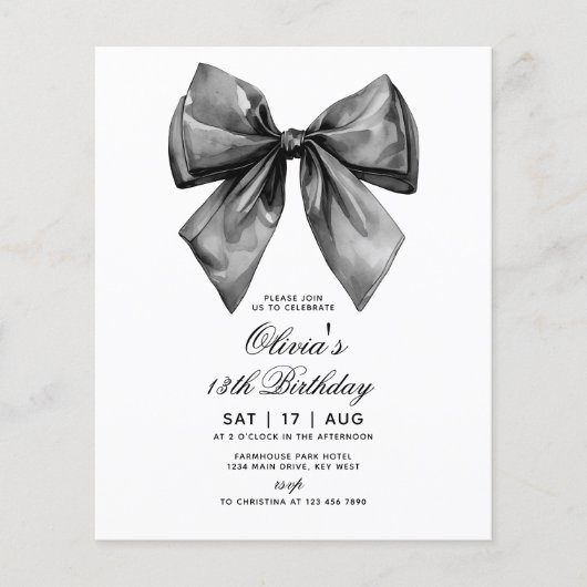 Budget Modern Black Bow Birthday Einladung (Vorderseite)