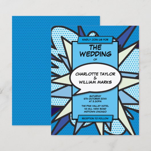Budget Modern Blue Comic Book Wedding Einladung (Vorne/Hinten)