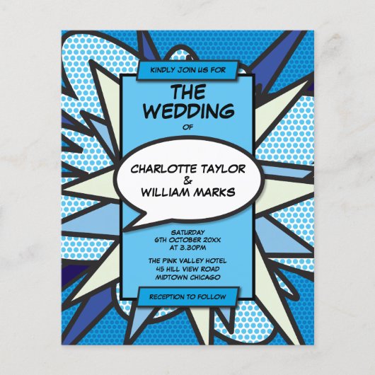 Budget Modern Blue Comic Book Wedding Einladung (Vorderseite)