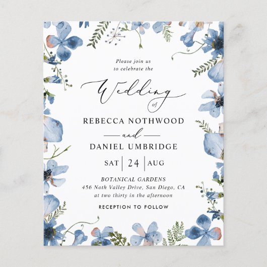 Budget Modern Boho Blue Wedding Einladung (Vorderseite)