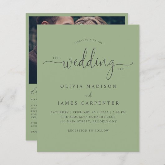 Budget Modern Boho Sage Green Foto Hochzeit Einlad (Vorne/Hinten)