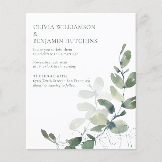 Budget Modern Botanischer Eukalyptus Wedding RSVP (Vorderseite)