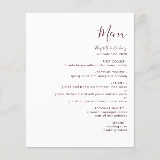Budget Modern Burgund Script Wedding Menu (Vorderseite)