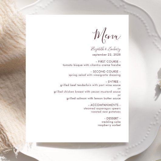 Budget Modern Burgund Script Wedding Menu